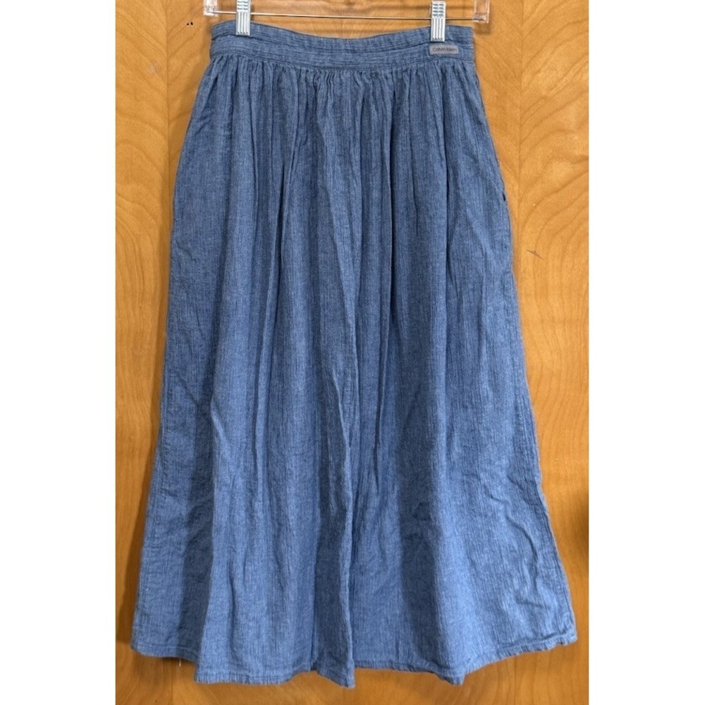 VTG Calvin Klein‎ Womens 100% Cotton Chambray Button Front Midi Skirt Sz 8 - Picture 2 of 12